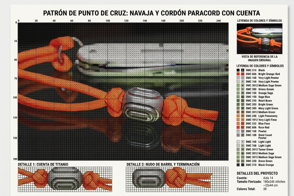 Patrón gratis punto de cruz navaja y cordón paracord con cuenta
